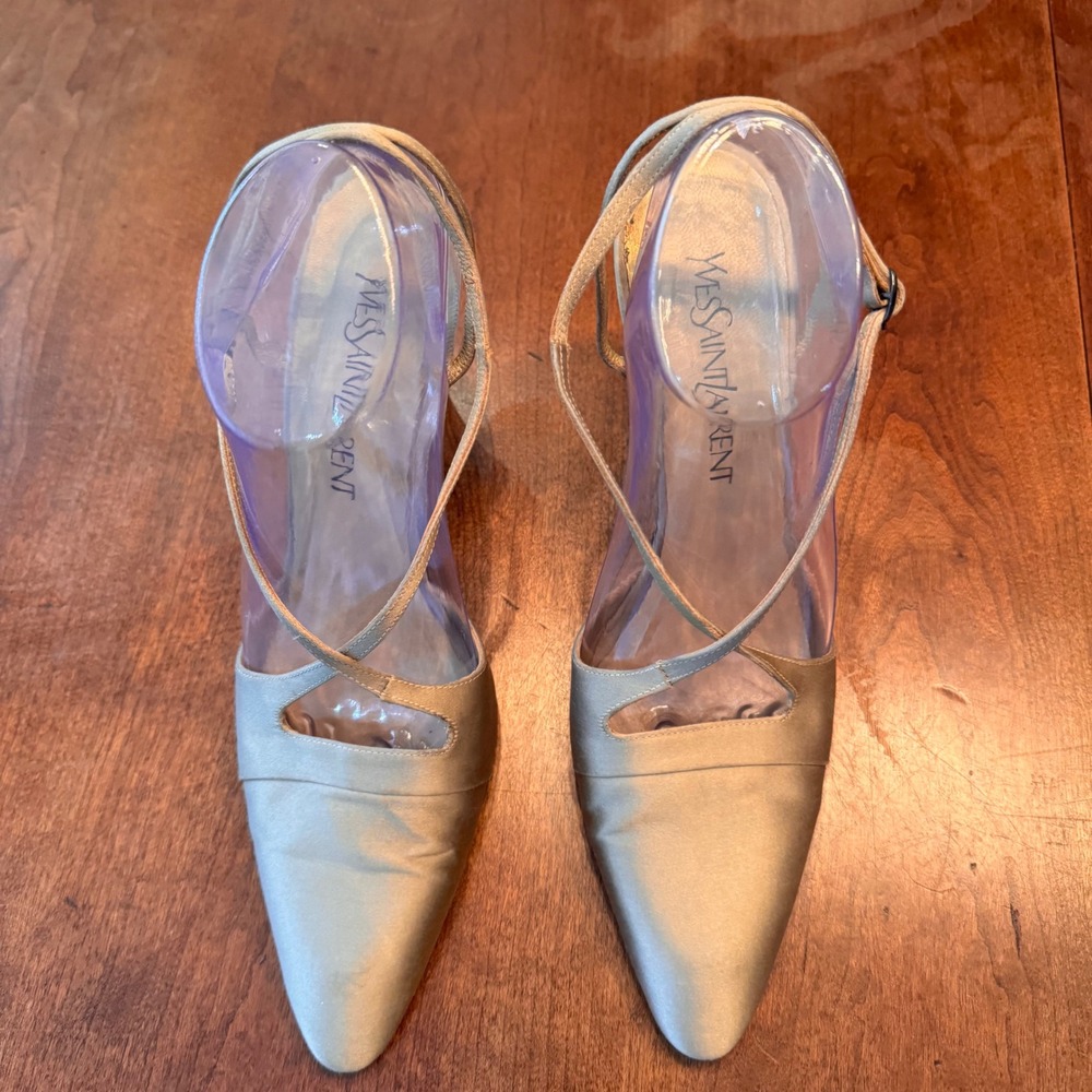 Yves Saint Laurent Heel Women 9.5 Champagne Gold Satin Rive Gauche Strappy Pumps